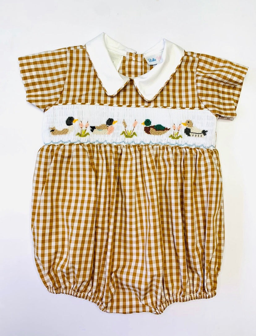 Luli & Me Baby Boys Ivory & Beige Smocked Vintage Bubble