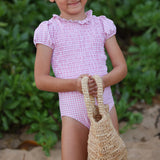 GUAVA GINGHAM PUFF SLEEVE SMOCKED SWIMSUIT