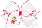 KING HAIR BOW WITH MOONSTITCH EDGE AND RED GINGERBREAD EMBROIDERY