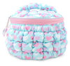 QUILTED SCUNCHIES PRINTED HEARTS GLAM BAG WITH HEART CHARM - LIGHT AQUA HEART PRINT SCRUNCH