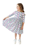 MARDI GRAS 3/4 SLEEVE POCKET TWIRL DRESS