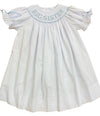 LULU BEBE BIG SISTER SMOCKED DRESS - WHITE AND BLUE