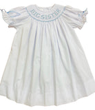 BIG SISTER SMOCKED DRESS - WHITE AND BLUE