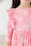 DAHLIA DOODLES 3/4 SLEEVE RUFFLE TWIRL DRESS