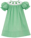 GIRLS GREEN GINGHAM SMOCKED SHAMROCKS BISHOP DRESS