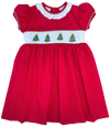 CHRISTMAS TREE RED PIQUE SMOCKED WAIST DRESS WITH RUFFLE COLLAR