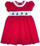 CHRISTMAS TREE RED PIQUE SMOCKED WAIST DRESS WITH RUFFLE COLLAR