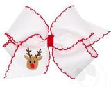 KING GROSGRAIN HAIR BOW WITH MOONSTITCH EDGE AND REINDEER HOLIDAY - THEMED EMBROIDERY
