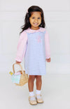 EMMA'S ELBOW PATCH TOP AND ONESIE - PALM BEACH PINK WITH WORTH AVENUE WHITE PICOT AND BEALE STREET BLUE GINGHAM ELBOW PATCHES
