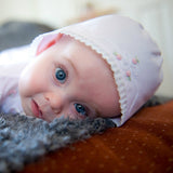 WHITE AND PINK VINTAGE BOW AND LACE BONNET