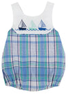 SANDLER SUNSUIT - LAUDERDALE PIER PLAID WITH WORTH AVENUE WHITE AND SAILBOAT APPLIQUES