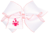 KING GROSGRAIN HAIR BOW WITH PINK MOONSTITCH EDGE AND CASTLE EMBROIDERY