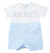 SMOCKED DIAMOND BOBBY SUIT - WHITE AND BLUE