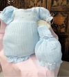 BLUE KNIT RIBBON 3 PIECE BUBBLE ROMPER SET