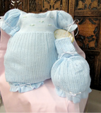 BLUE KNIT RIBBON 3 PIECE BUBBLE ROMPER SET