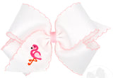 MEDIUM HAIR BOW WITH MOONSTITCH EDGE AND FLAMINGO EMBROIDERY