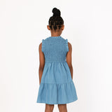 GIRLS DENIM CHAMBRAY SMOCKED TIERED DRESS