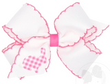 MEDIUM GROSGRAIN BOW WITH MOONSTITCH EDGE AND PRINTED HOT PINK GINGHAM BUNNY