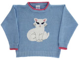 CREW NECK SWEATER - KITTY ON LIGHT BLUE