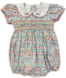 FLORAL SMOCKED WAIST BUBBLE WITH EMBROIDERED COLLAR