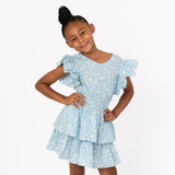 DITSY FLORAL SMOCKED TWO TIERED DRESS - CHILD BLUE