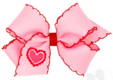 MEDIUM EMBROIDERED PINK WITH RED HEART GROSGRAIN HAIR BOW WITH MOON STITCH EDGE
