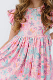 BEACHY BLOOMS FLUTTER SLEEVE TWIRL DRESS