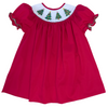 CHRISTMAS TREE RED PIQUE SMOCKED BISHOP DRESS