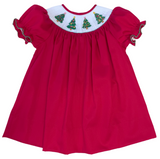 CHRISTMAS TREE RED PIQUE SMOCKED BISHOP DRESS