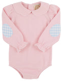 EMMA'S ELBOW PATCH TOP AND ONESIE - PALM BEACH PINK WITH WORTH AVENUE WHITE PICOT AND BEALE STREET BLUE GINGHAM ELBOW PATCHES