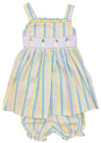 LULU BEBE STRIPE SMOCKED SNOWBALL BLOOMER SET