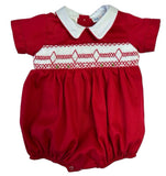 CLASSIC RED SMOCKED BUBBLE WITH WHITE COLLAR