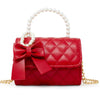 QUILTED PEARL HANDLE BOW RIBBON HANDBAG - RED