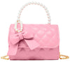 QUILTED PEARL HANDLE BOW RIBBON HANDBAG - PINK