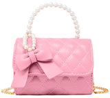 QUILTED PEARL HANDLE BOW RIBBON HANDBAG - PINK