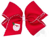 MEDIUM RED GROSGRAIN HAIR BOW WITH MOONSTITCH EDGE AND SANTA EMBROIDERY