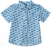 BOYS SHORT SLEEVE FISHING SHIRT IN FISH PRINT ON CLEAR SKY BLUE
