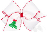 MEDIUM HAIR BOW WITH MOONSTITCH EDGE AND CHRISTMAS TREE EMBROIDERY