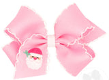 MEDIUM HAIR BOW WITH MOONSTITCH EDGE AND PINK SANTA EMBROIDERY