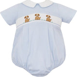 BOYS SHORT SLEEVE KNIT BUBBLE WITH SMOCKED PUPPIES