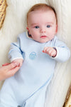 ROCK ME ROMPER - BUCKHEAD BLUE WITH PALMETTO PEARL AND PUMPKIN EMBROIDERY