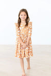 GOLDEN BLOOMS 3/4 SLEEVE RUFFLE TWIRL DRESS