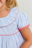RAMONA RUFFLE DRESS- BARRINGTON BLUE MINI WINDOWPANE WITH PARROT CAY CORAL