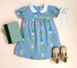 HOLLY DAY DRESS - TOPIARIES AND TANGERINES (BARRINGTON BLUE)