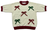 CREAM SWEATER WITH RED AND GREEN BOWS