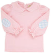 EMMA'S ELBOW PATCH TOP AND ONESIE - PALM BEACH PINK WITH WORTH AVENUE WHITE PICOT AND BEALE STREET BLUE GINGHAM ELBOW PATCHES