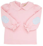EMMA'S ELBOW PATCH TOP AND ONESIE - PALM BEACH PINK WITH WORTH AVENUE WHITE PICOT AND BEALE STREET BLUE GINGHAM ELBOW PATCHES
