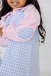 EMMA'S ELBOW PATCH TOP AND ONESIE - PALM BEACH PINK WITH WORTH AVENUE WHITE PICOT AND BEALE STREET BLUE GINGHAM ELBOW PATCHES