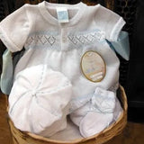BOYS WHITE AND BLUE KNIT DIAMOND JON ROMPER WITH HAT AND BOOTIES