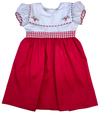 GIRLS RED CHRISTMAS DRESS - HOLLY EMBROIDERY ON WHITE SQUARE COLLAR